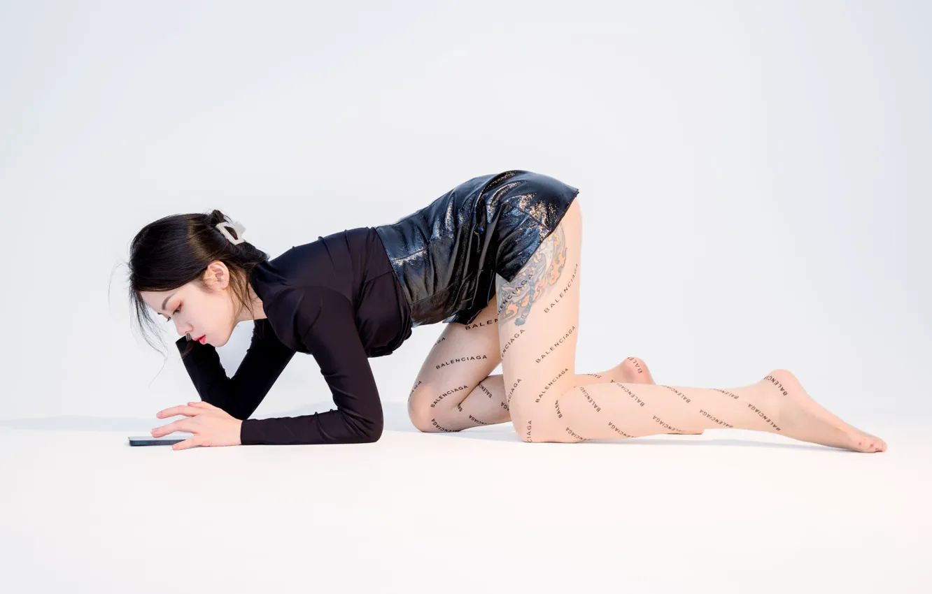 Photo wallpaper model, tattoo, women, brunette, asian, phone, pantyhose, dark hair