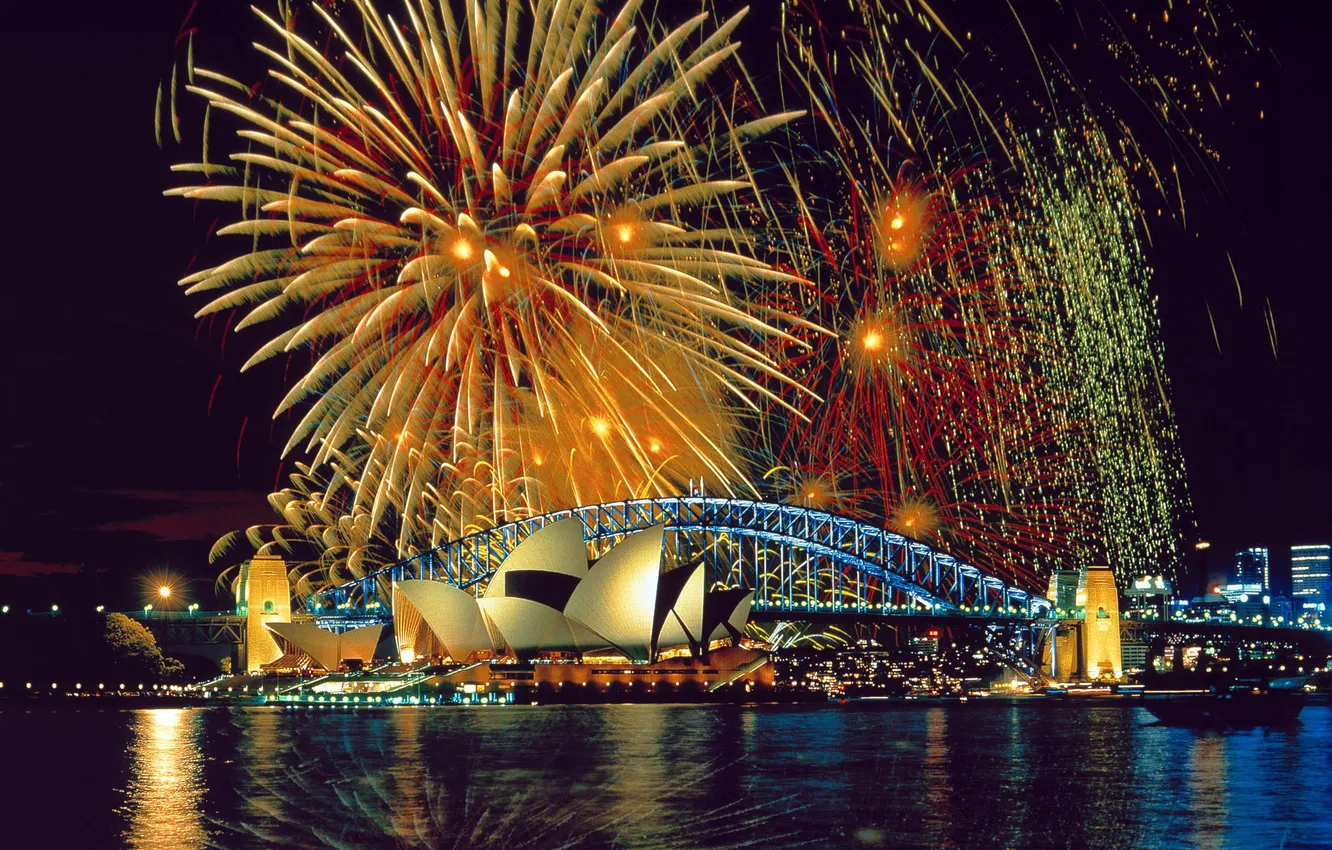 Photo wallpaper night, holiday, salute, Australia, Sydney, fireworks