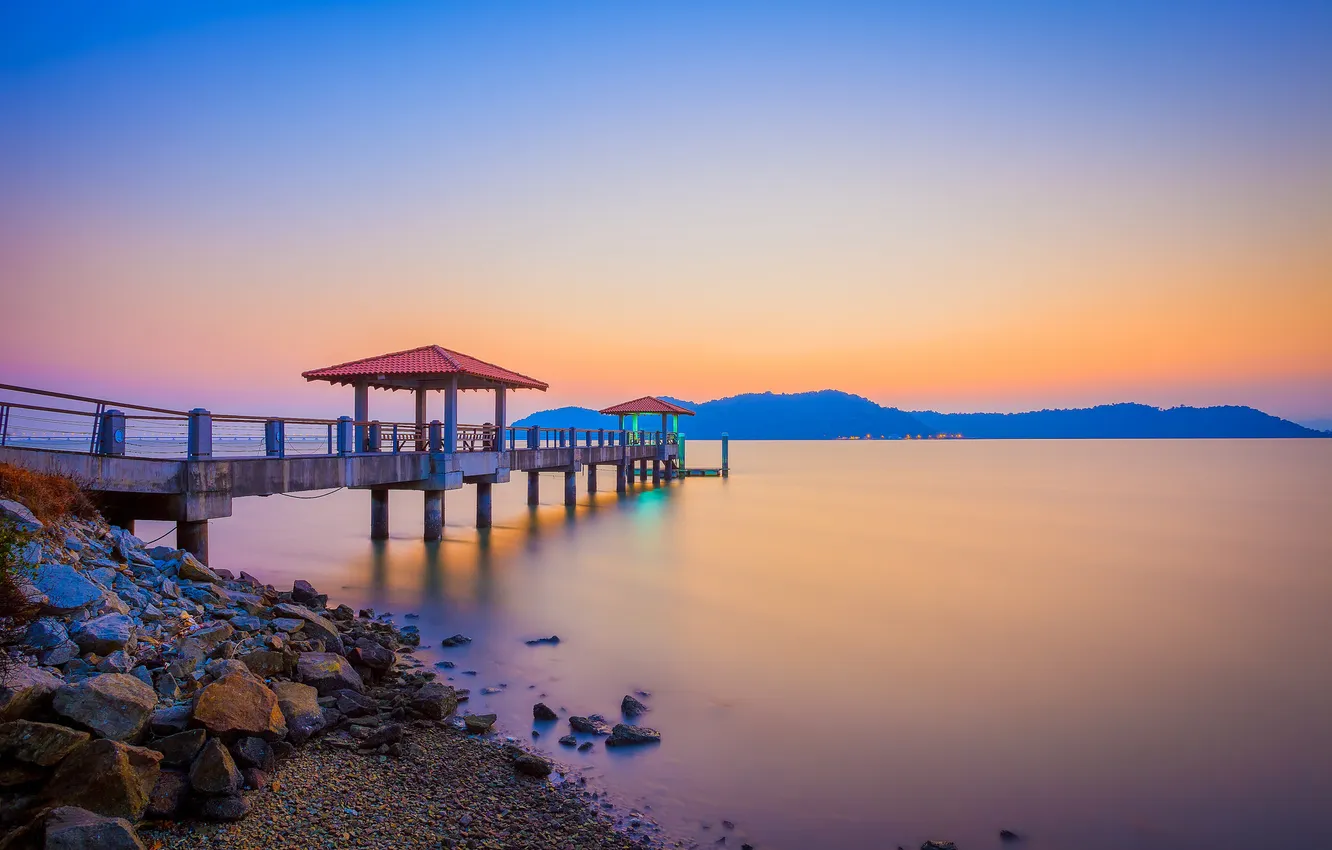Photo wallpaper sea, the sky, sunset, mountains, pierce, canopy