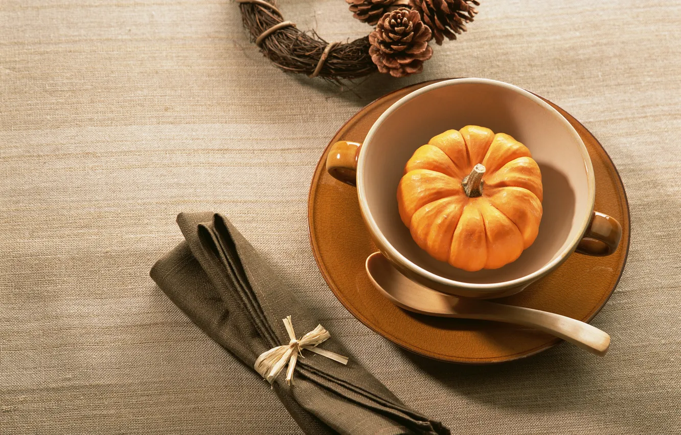 Photo wallpaper plate, Cup, pumpkin, bumps, napkin