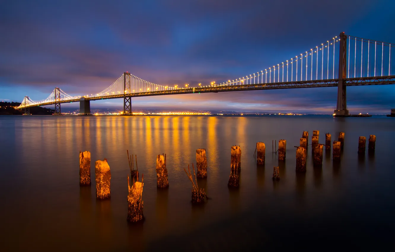 Photo wallpaper sunset, bridge, lights, the evening, port, CA, Bay, San Francisco