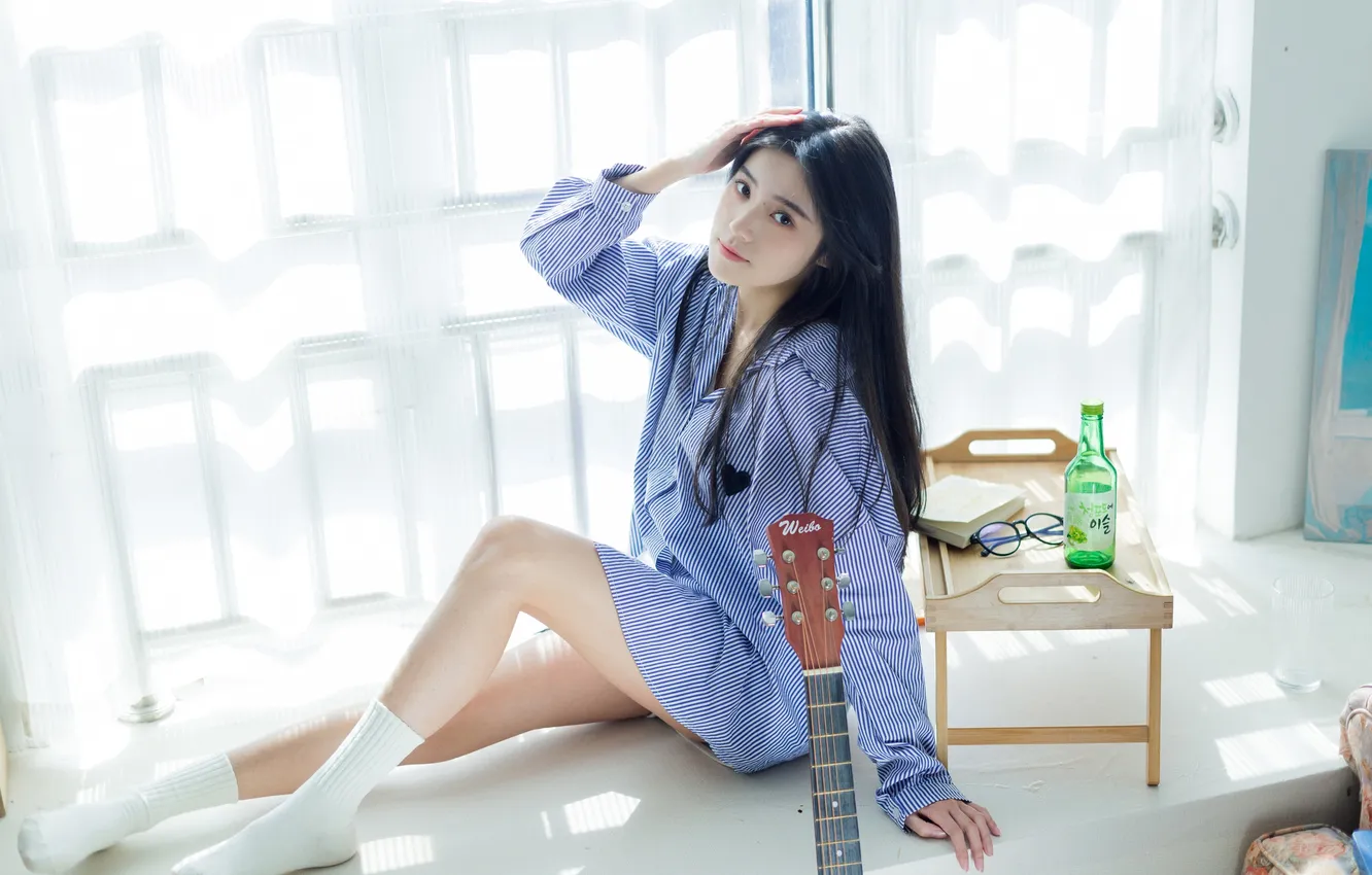 Photo wallpaper guitar, woman, smile, beautiful, model, pretty, window, asian