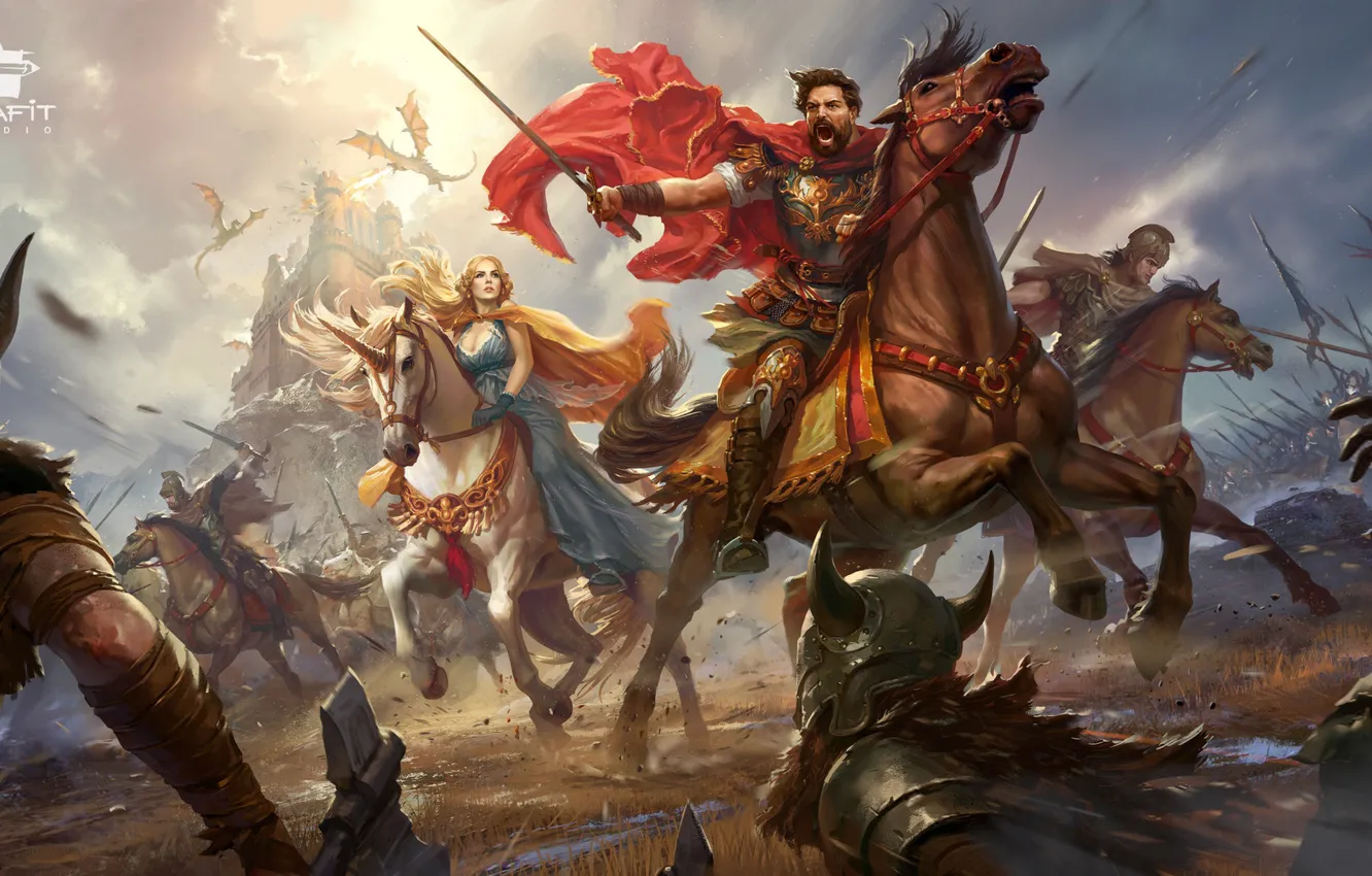 Photo wallpaper girl, weapons, castle, horse, war, dragon, army, unicorn