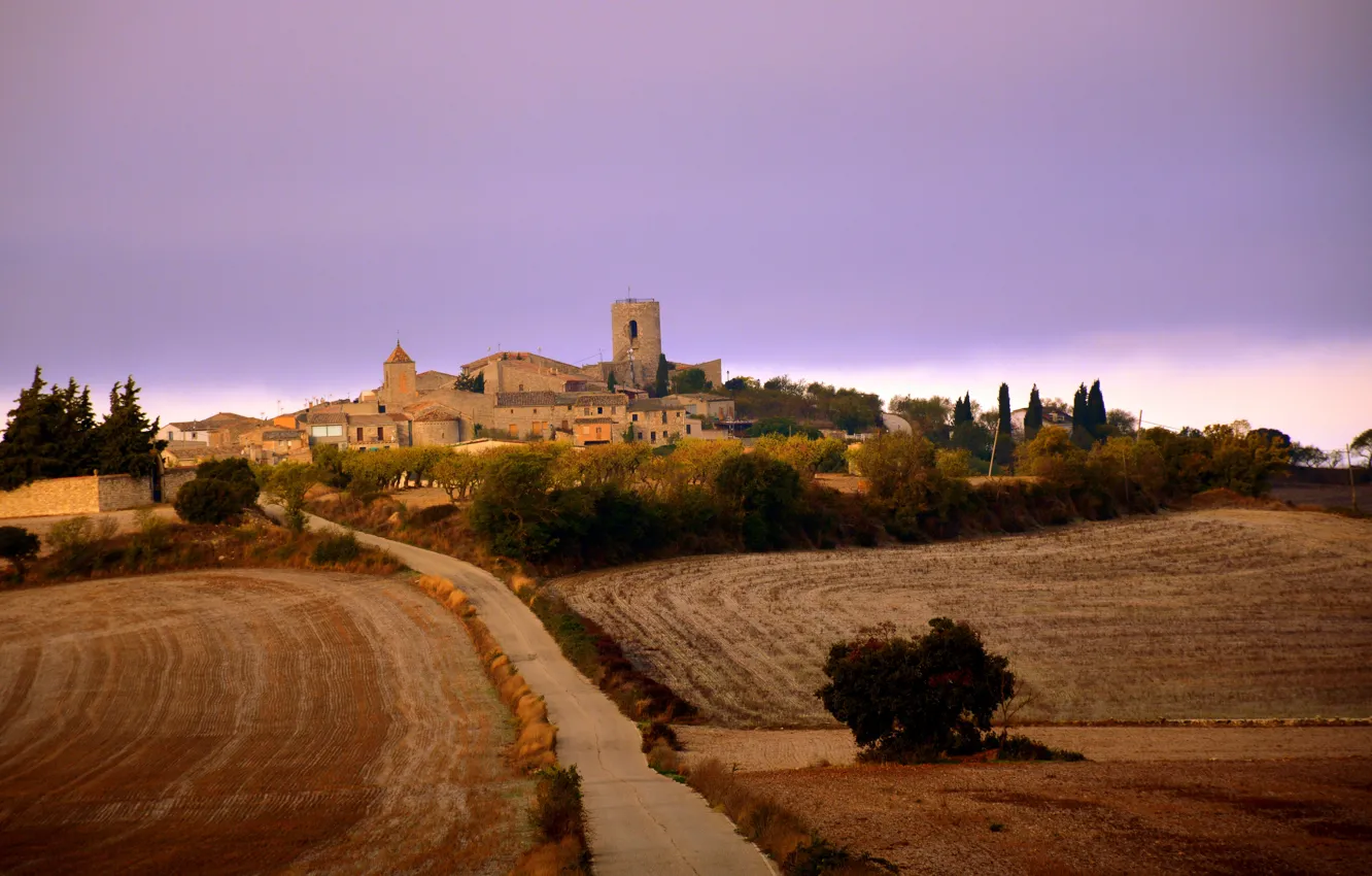 Photo wallpaper twilight, tower, sunset, dusk, Spain, Catalonia, farmland, Segarra