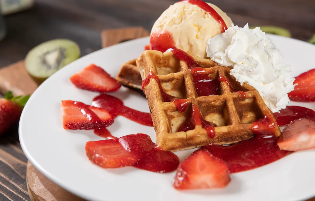 Photo wallpaper strawberry, plate, ice cream, cream, dessert, waffles, jam