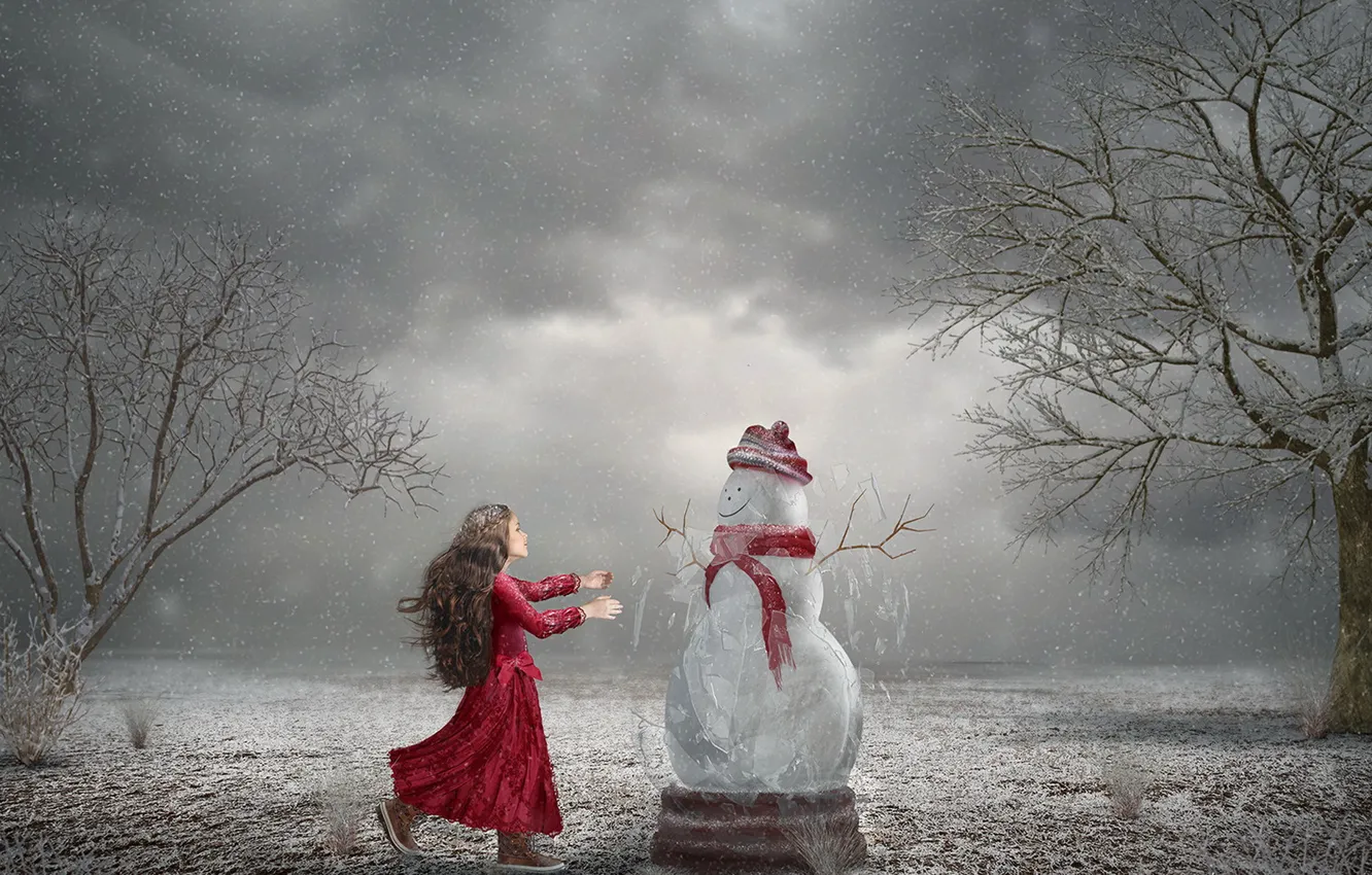 Photo wallpaper winter, girl, snowman