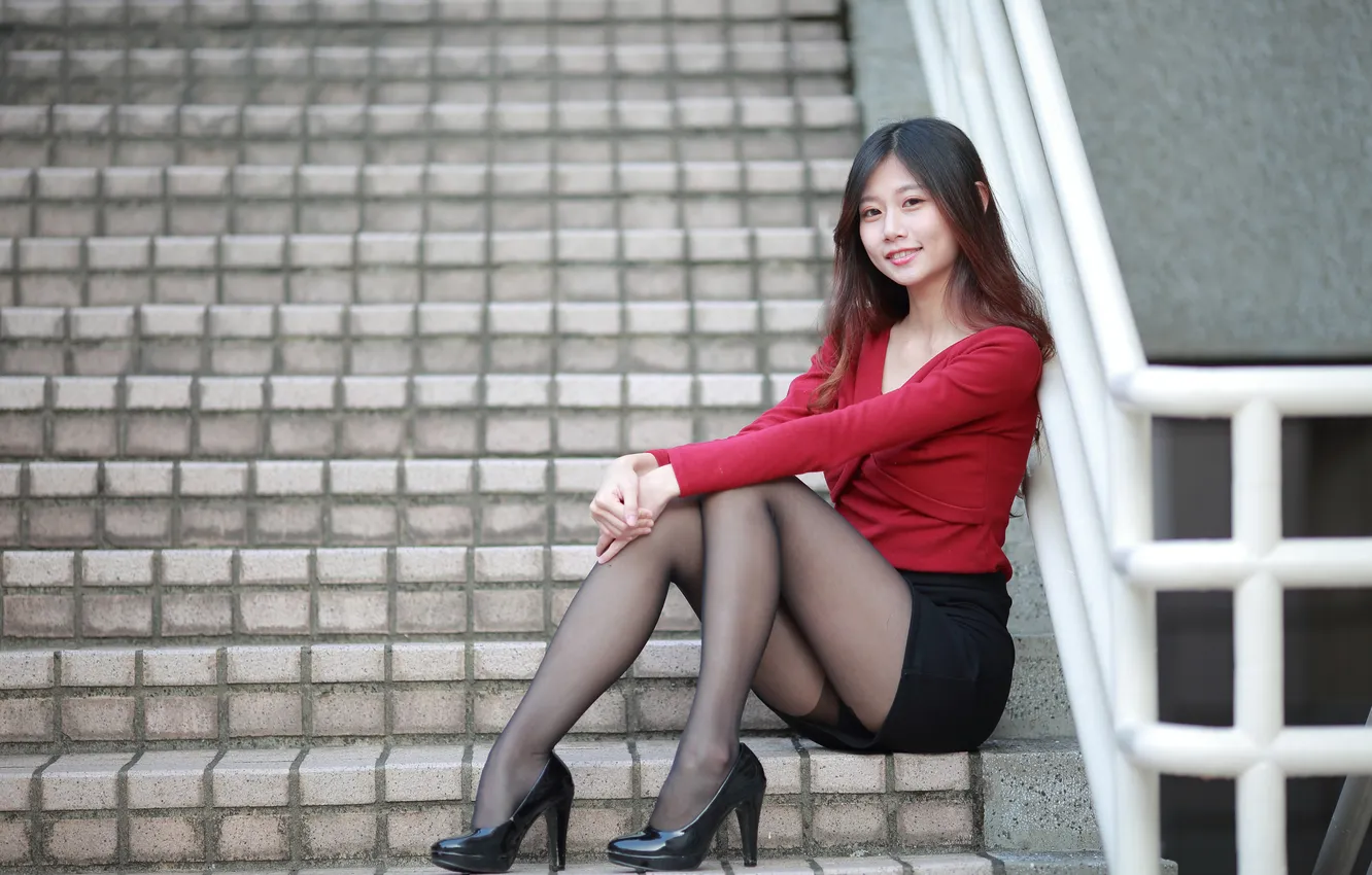 Photo wallpaper girl, skirt, ladder, shoes, tights, blouse, legs, Asian