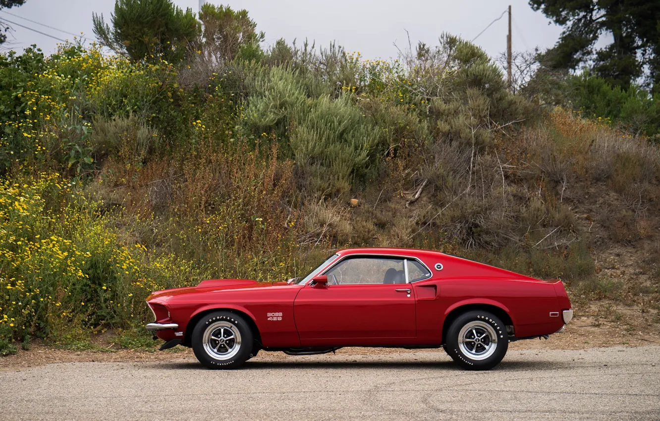 Photo wallpaper car, Mustang, Ford, Muscle, 1969, red, Classic, Boss