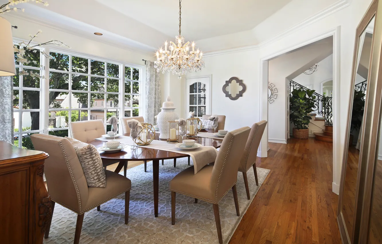 Photo wallpaper table, candles, chandelier, mansion, luxury, living room