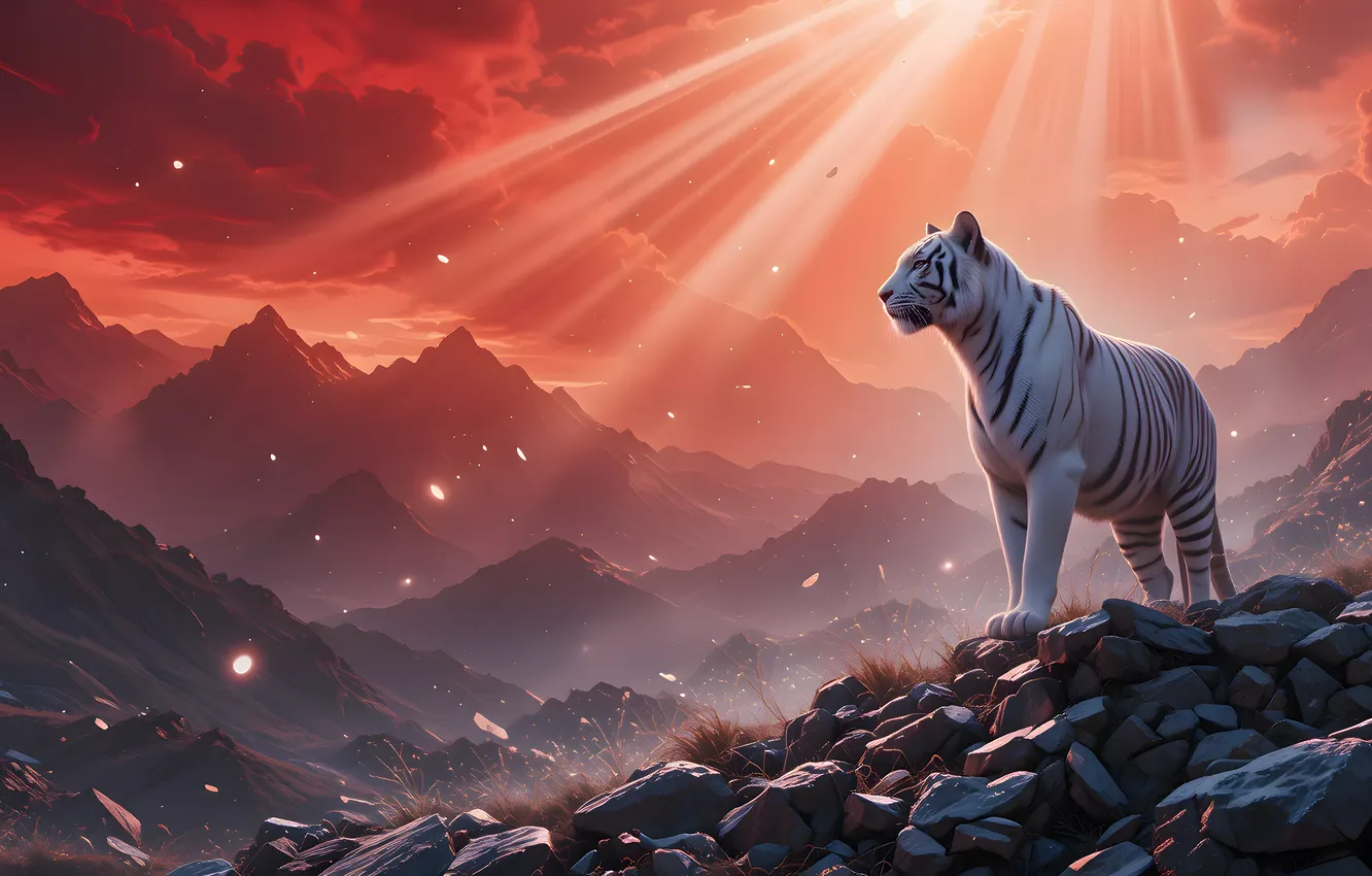 Photo wallpaper white, the sky, the sun, clouds, rays, light, mountains, tiger