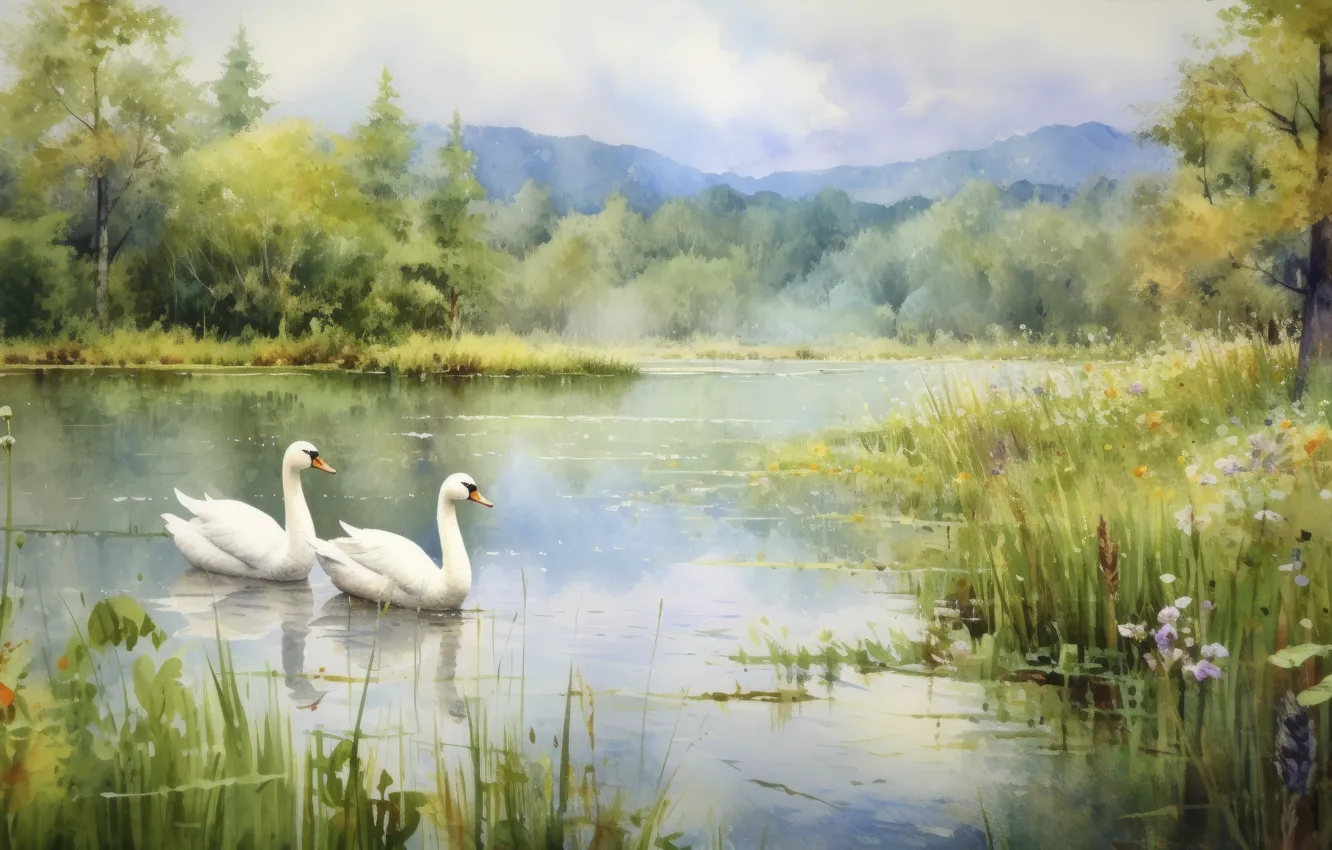 Photo wallpaper summer, grass, nature, lake, pond, bird, shore, picture