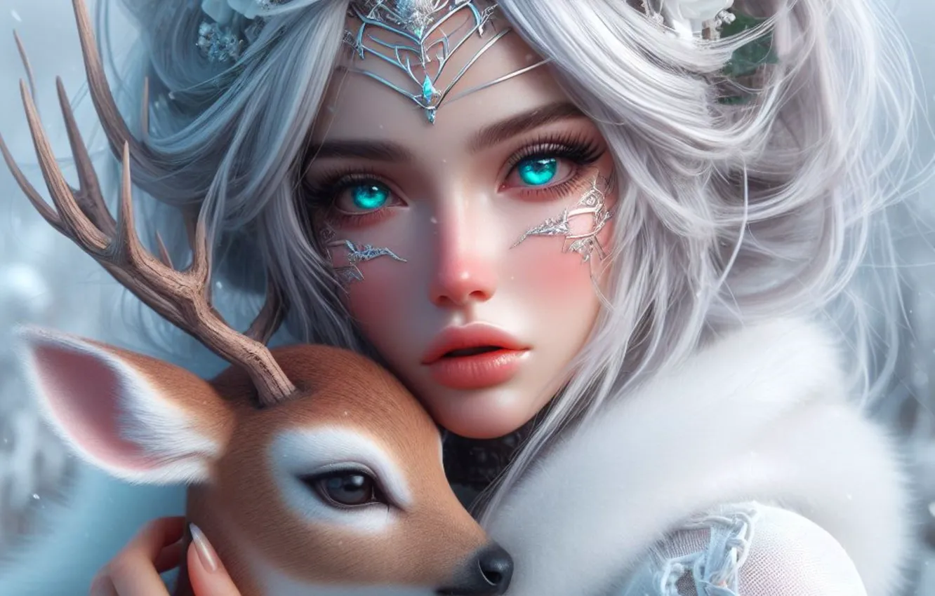 Photo wallpaper winter, snow, portrait, deer, girl, AI art, neural network