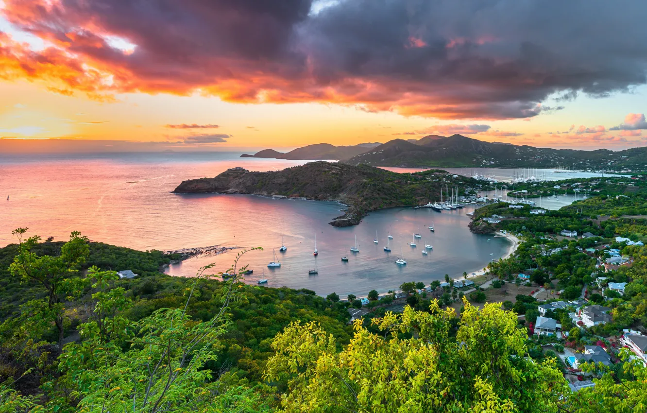 Photo wallpaper coast, sunset, yachts, islands, sail, Caribbean Sea, Antigua, Antigua and Barbuda