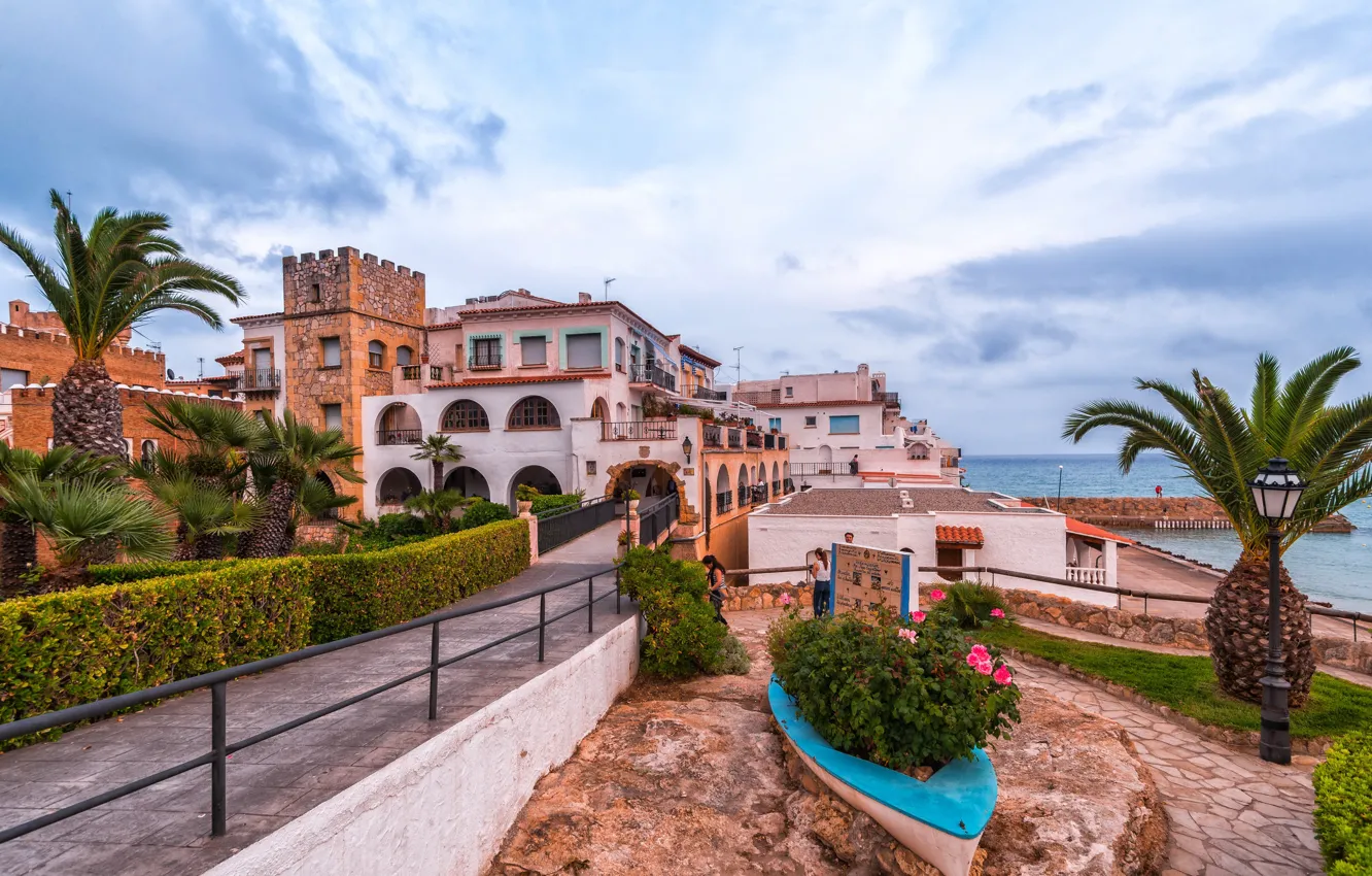Photo wallpaper sea, the sky, clouds, landscape, palm trees, coast, home, horizon