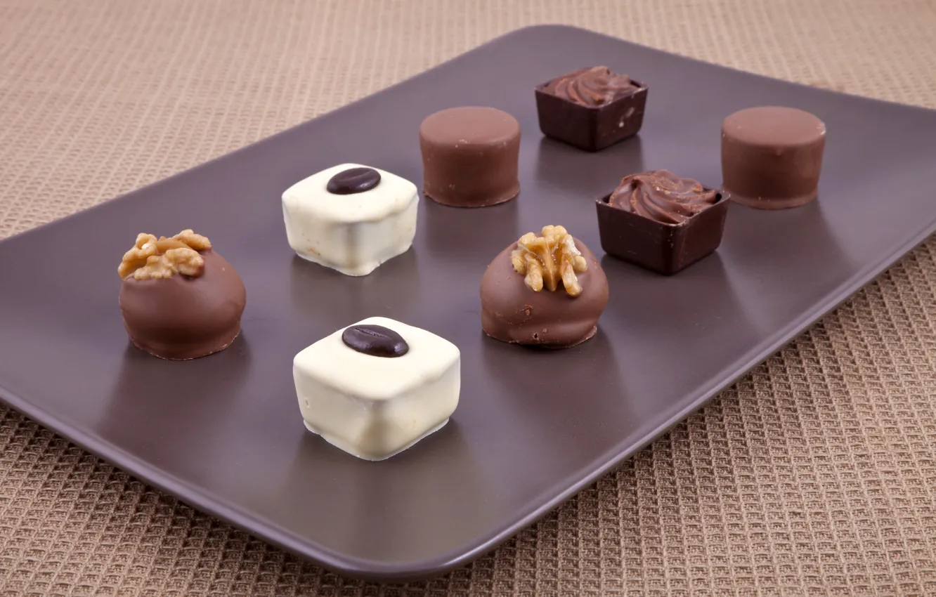 Photo wallpaper white, chocolate, plate, candy, nuts, dessert, sweet, milk