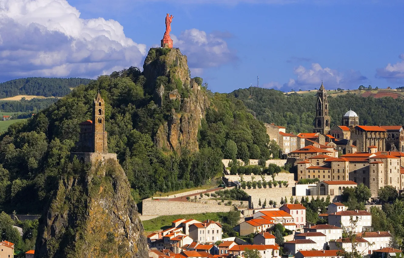 Photo wallpaper landscape, mountains, France, building, statue, France, Le Puy-en-Velay