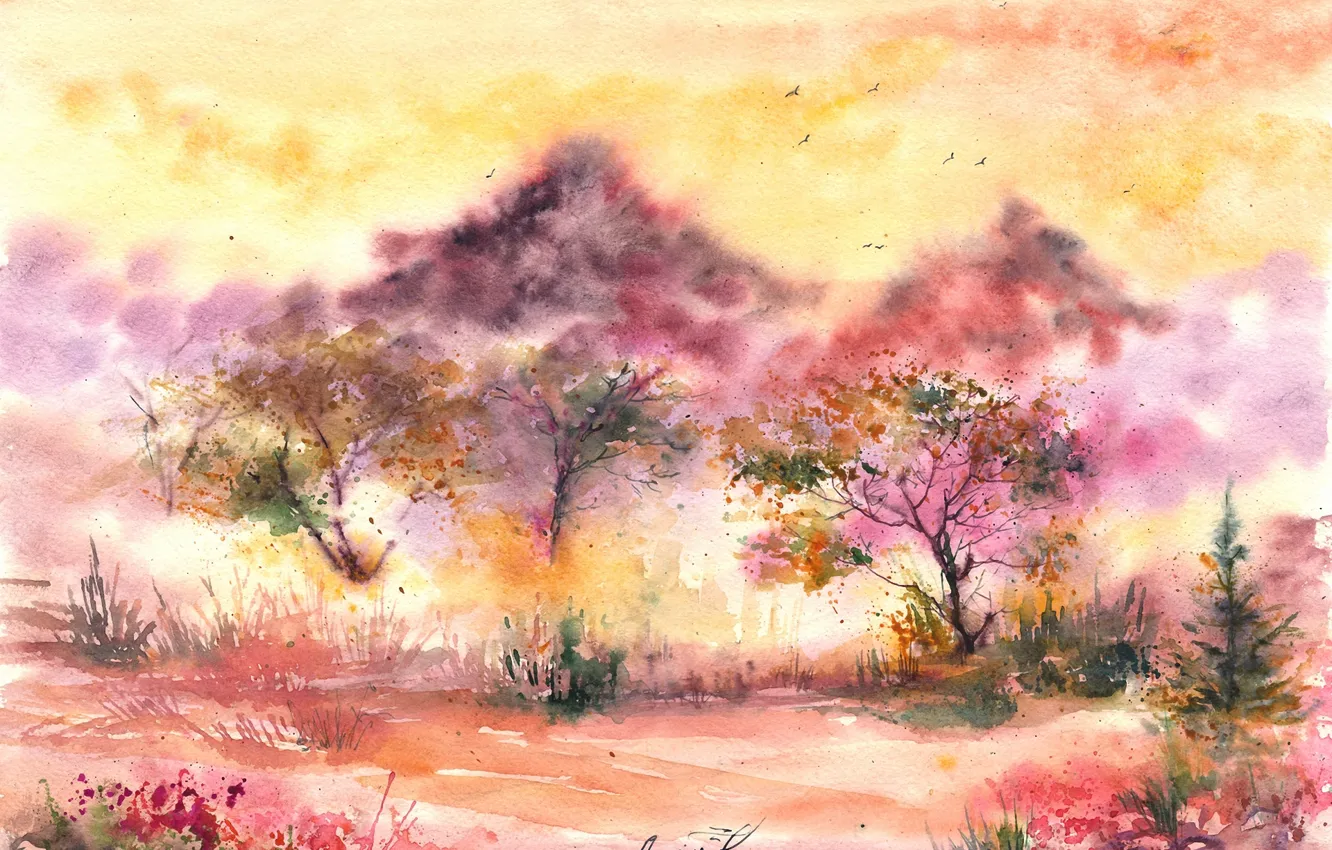 Photo wallpaper grass, trees, birds, foliage, watercolor, painted landscape