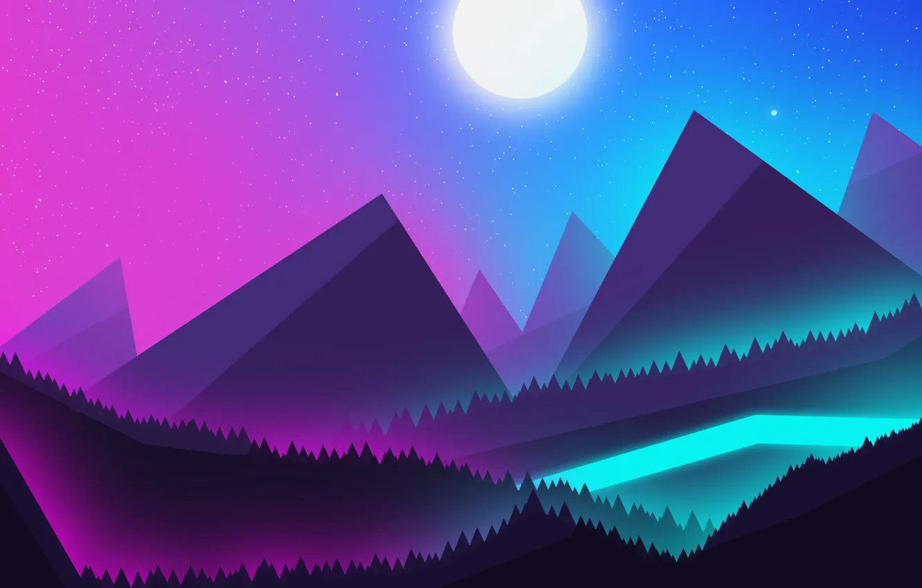 Photo wallpaper Mountains, neon, Landscape, mountains, the night sky, view, beautiful landscape, Neon moon