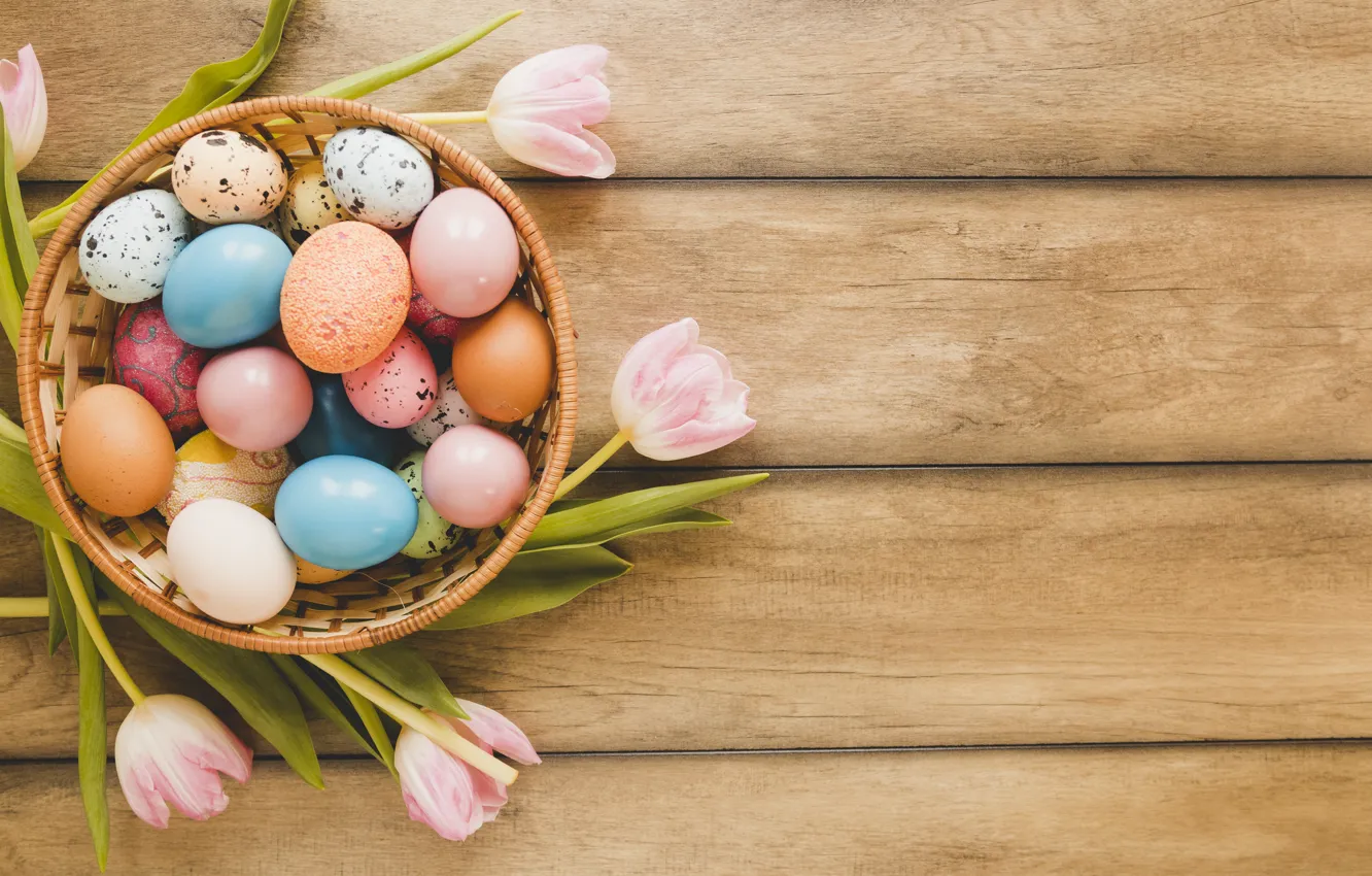 Photo wallpaper holiday, basket, eggs, Easter, tulips