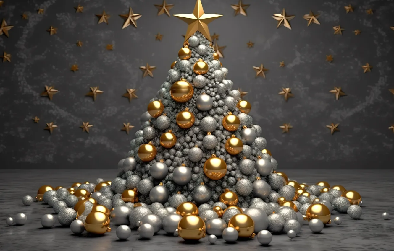 Photo wallpaper balls, tree, New Year, Christmas, silver, golden, new year, happy