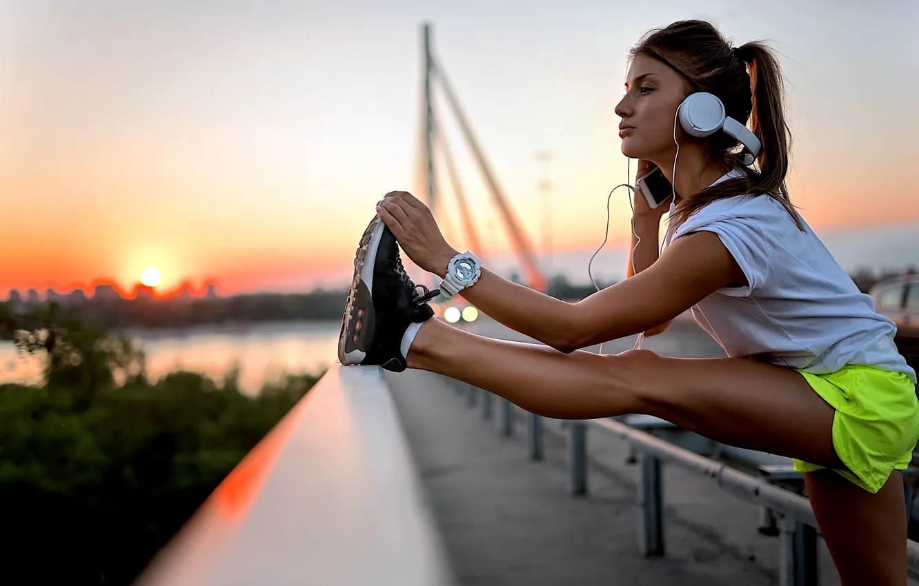 Photo wallpaper girl, ponytail, brunette, Sport, fitness, fitness model, headphone, tanned
