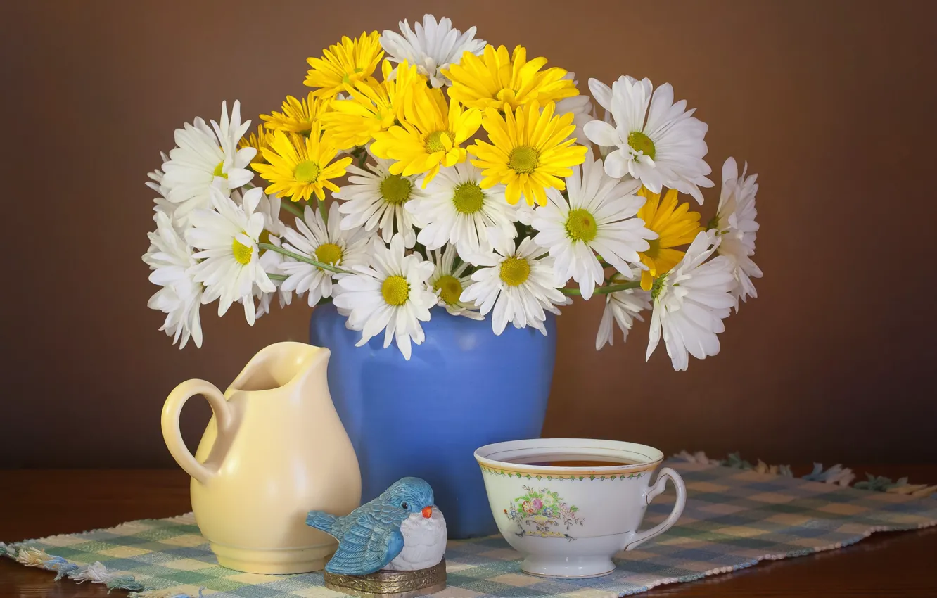 Photo wallpaper flowers, style, background, tea, chamomile, bouquet, mug, Cup
