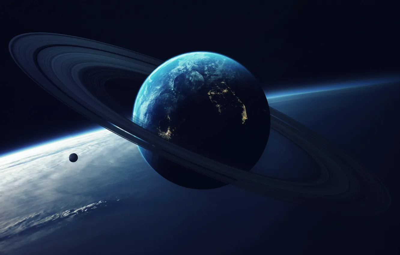 Photo wallpaper space, light, planet, satellite, ring, art, art, Vadim Sadovski