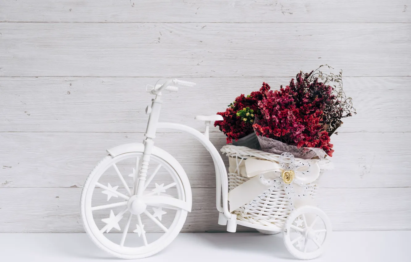 Photo wallpaper flowers, bike, basket, wood, composition