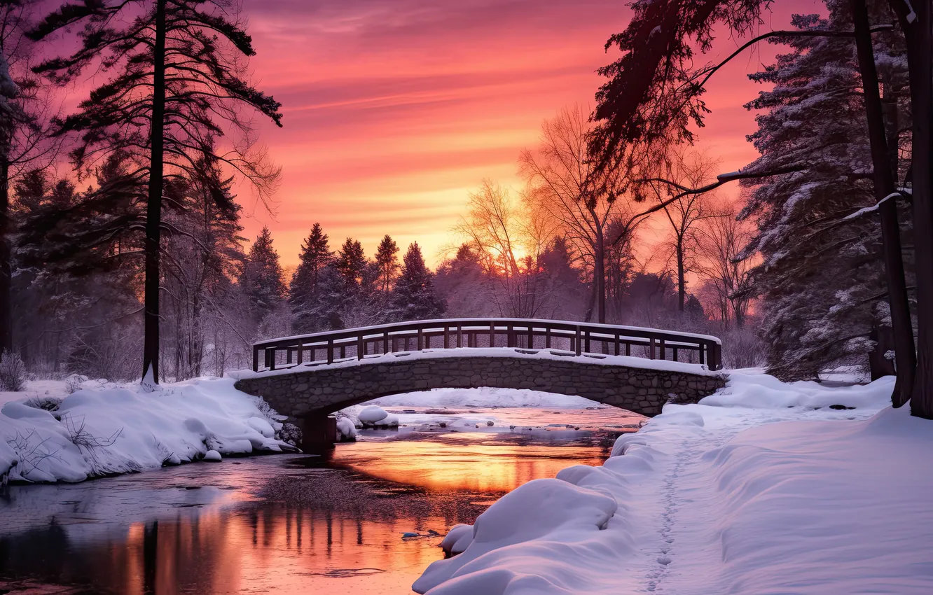 Photo wallpaper winter, forest, snow, trees, sunset, bridge, tree, forest