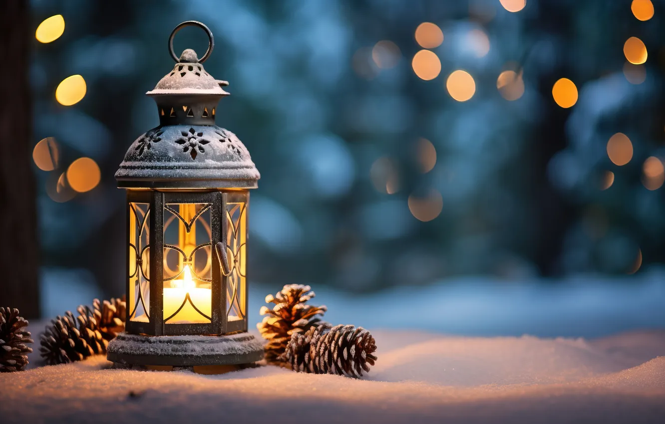 Photo wallpaper winter, snow, night, new year, Christmas, lights, Christmas, night