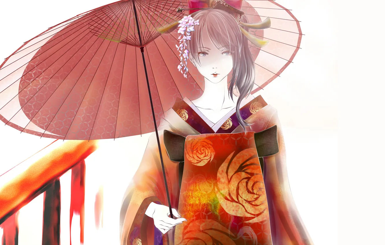 Photo wallpaper girl, flowers, umbrella, geisha, kimono