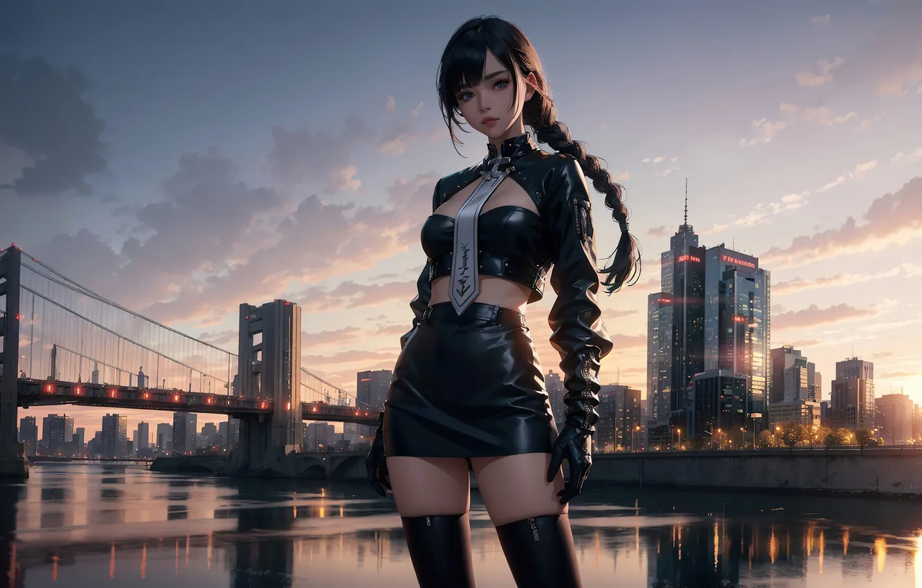 Photo wallpaper city, girl, fantasy, river, bridge, anime, art, painting