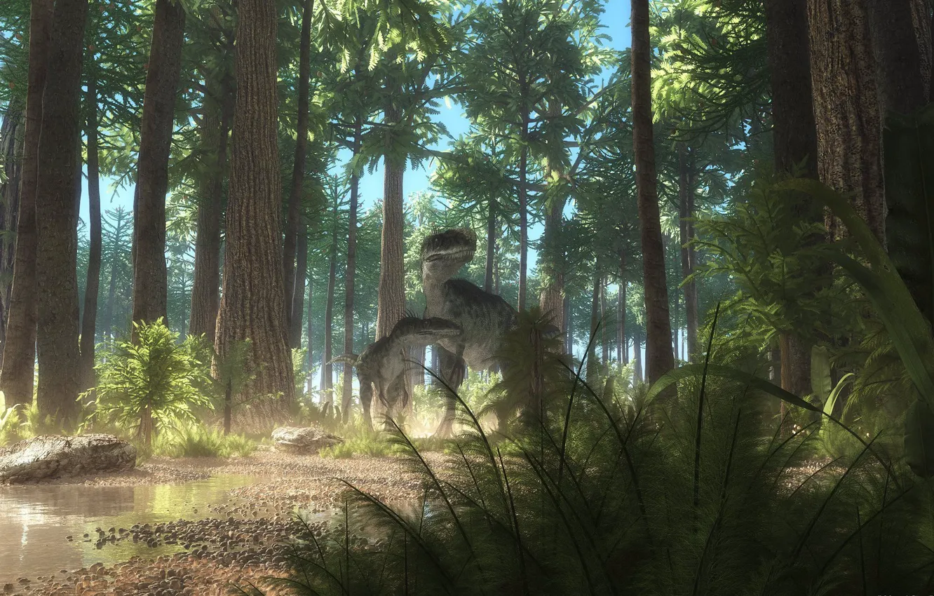 Photo wallpaper forest, water, vegetation, dinosaur, family day