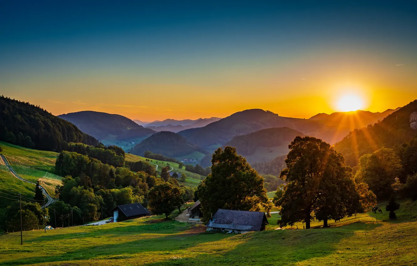 Photo wallpaper road, rays, trees, sunset, mountains, nature, home, Germany