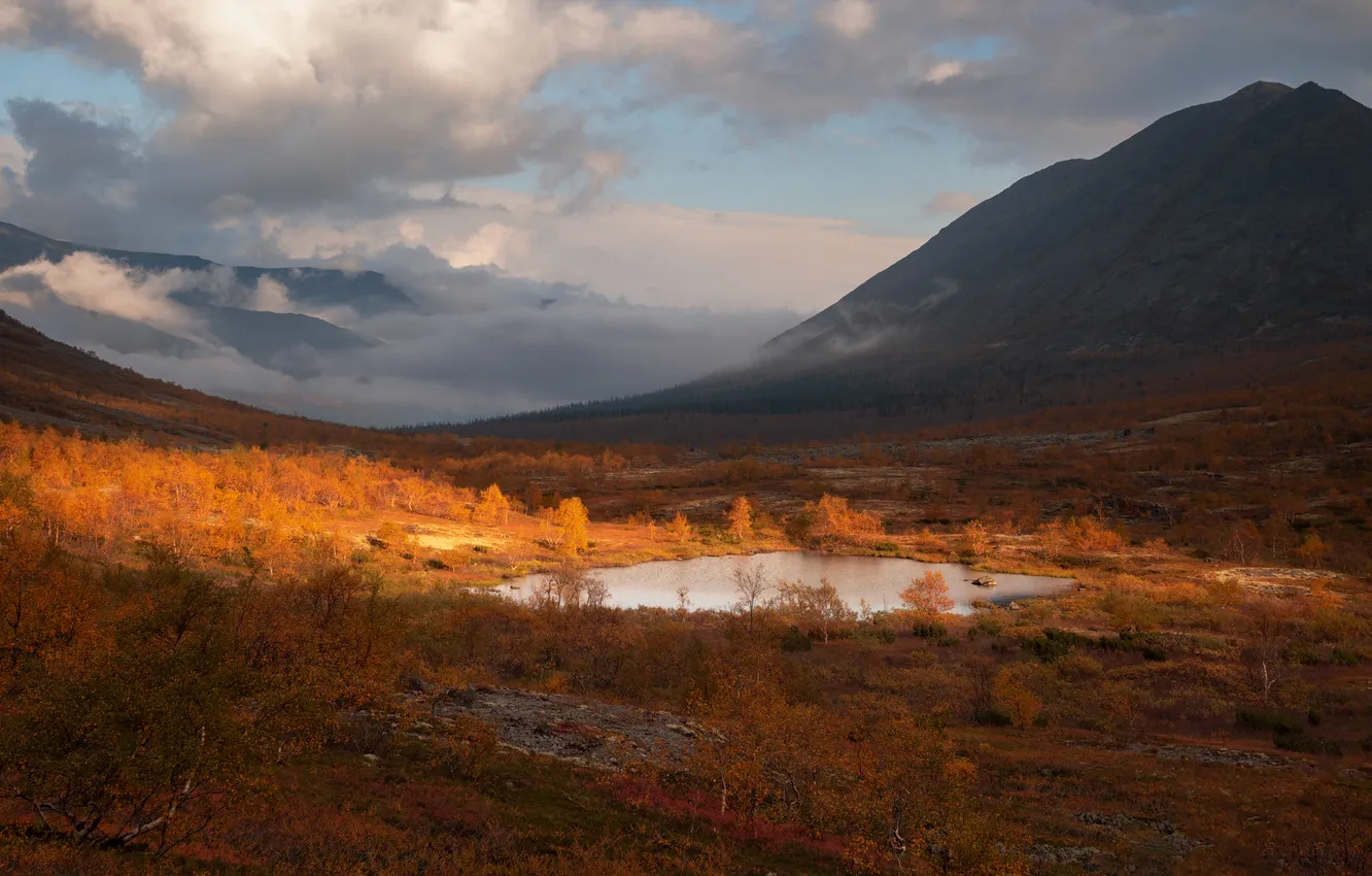 Photo wallpaper clouds, mountains, pond, a beam of light, withered grass, Istomin Vitaly, Kola Autumn