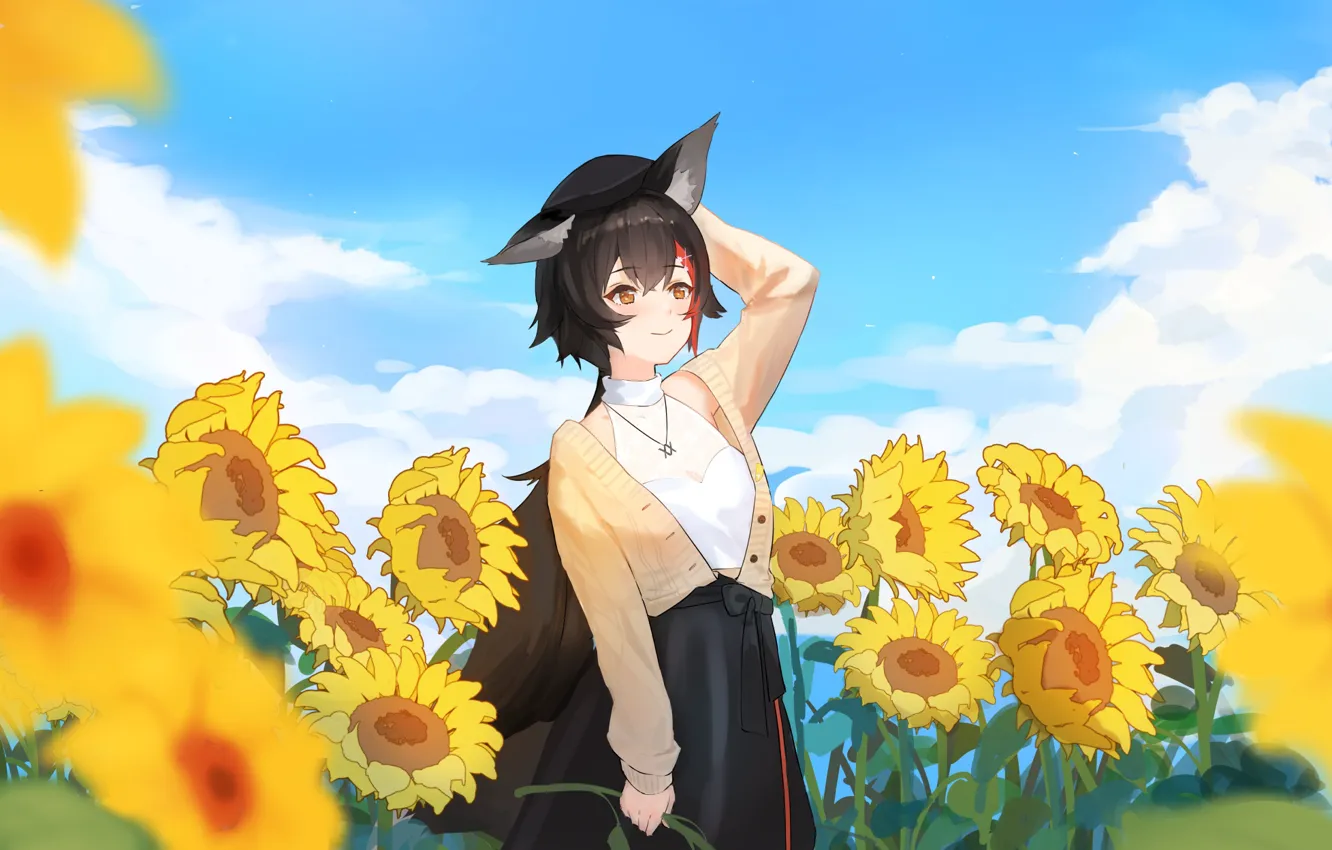 Photo wallpaper the sky, girl, sunflowers, ears, Virtual youtuber, Mio Ookami, HoloLive