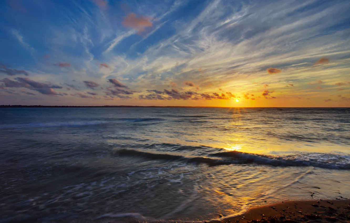 Photo wallpaper sand, sea, the sun, clouds, sunset, the evening, surf