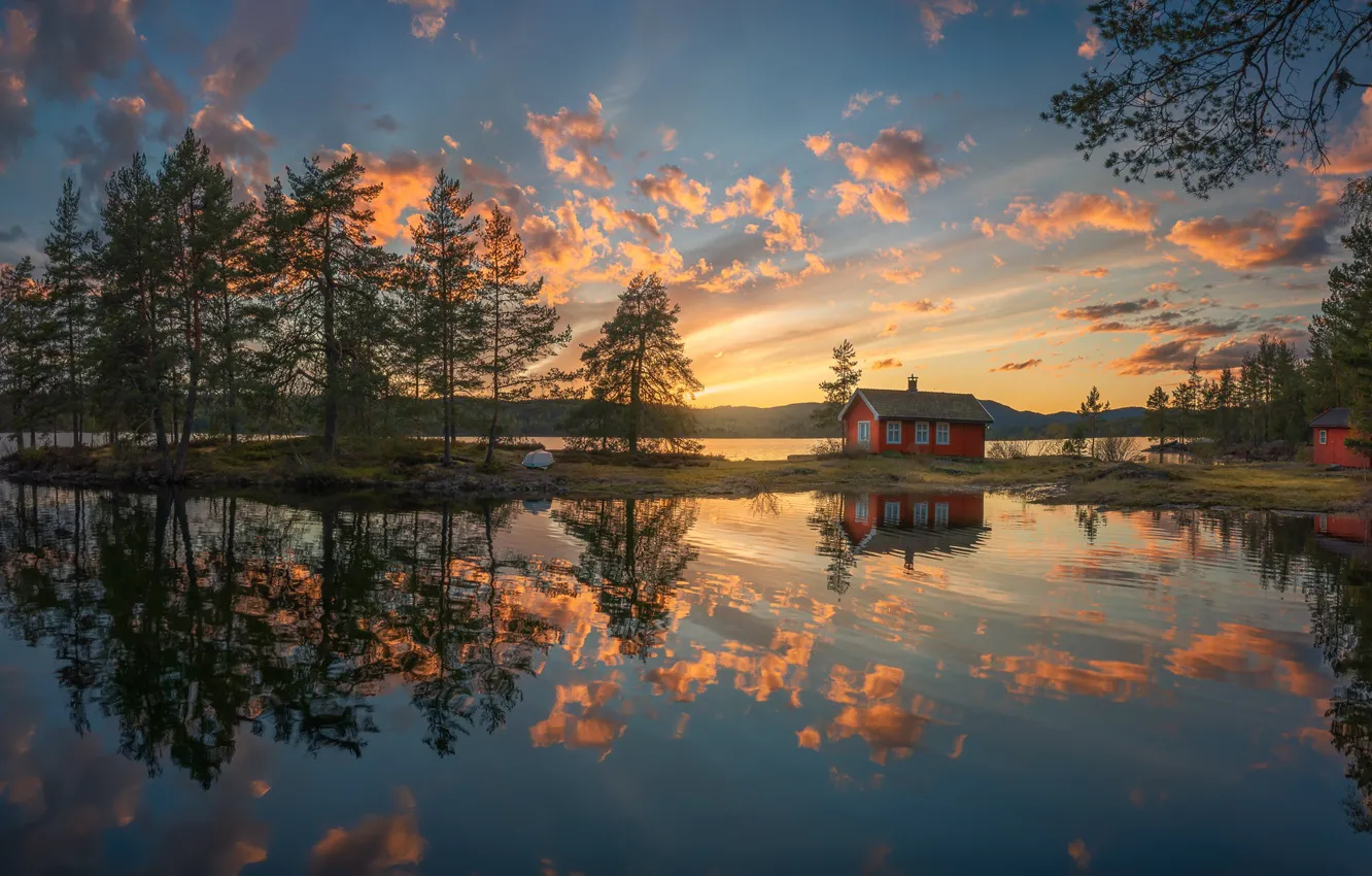 Photo wallpaper lake, reflection, the evening, Norway, house, Ringerike