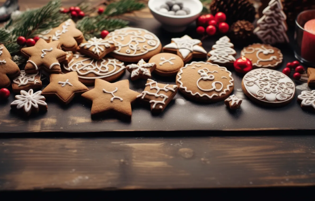 Photo wallpaper snowflakes, table, patterns, Board, cookies, Christmas, New year, cookies