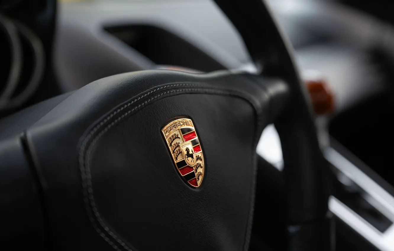 Photo wallpaper Porsche, logo, close-up, Porsche Carrera GT, steering wheel