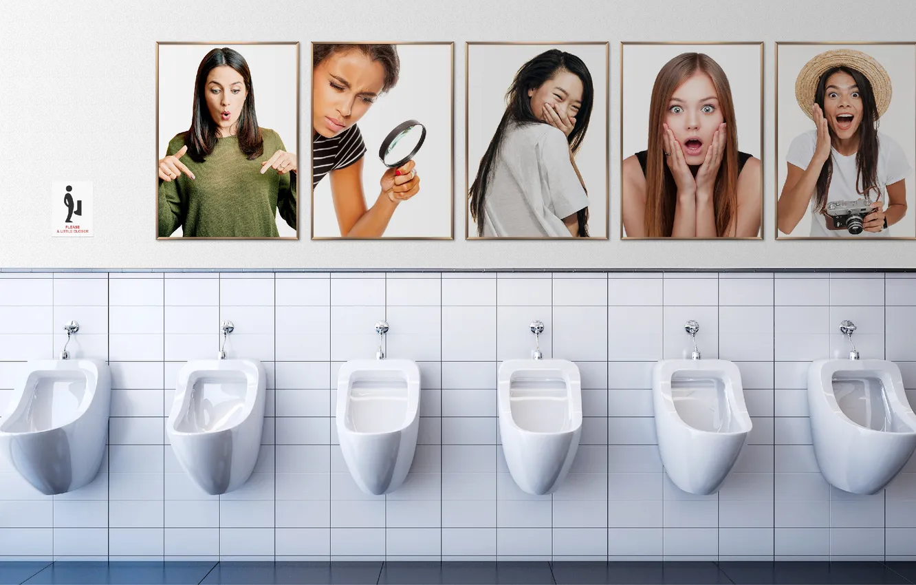 Photo wallpaper woman, humor, toilet, public restroom, urinal