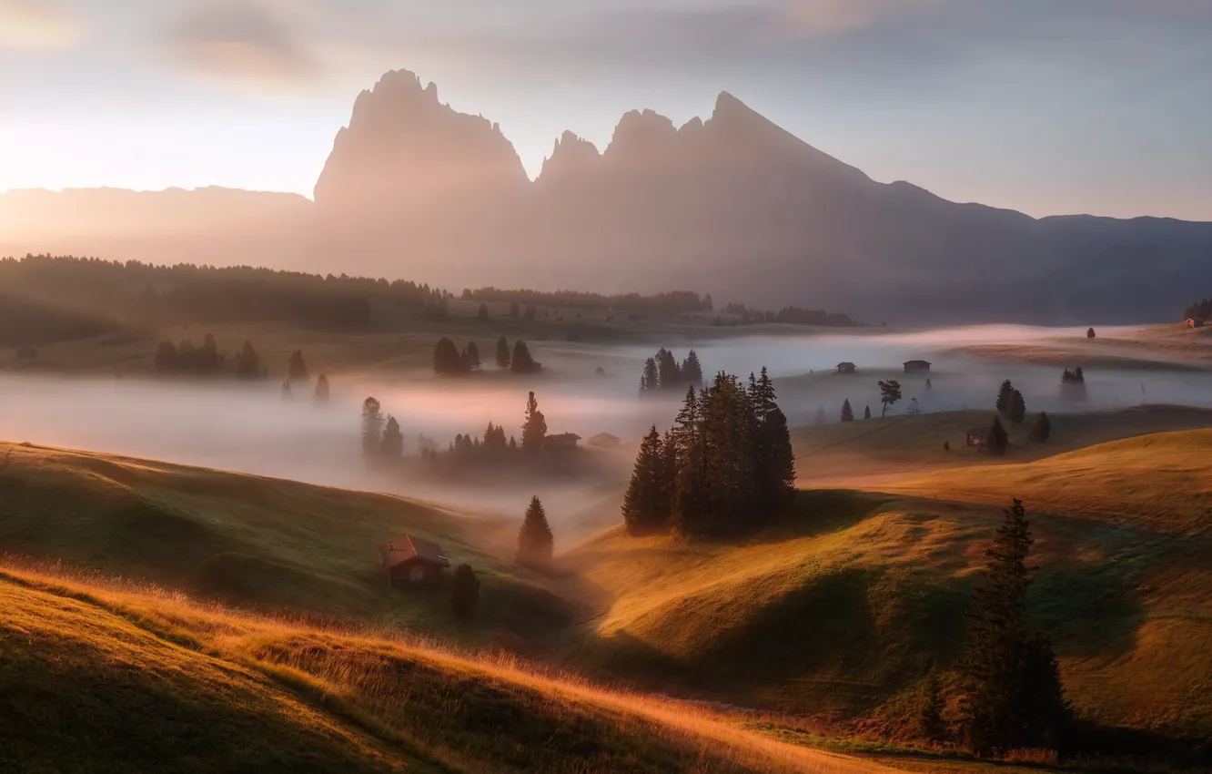 Photo wallpaper nature, fog, Alpe Di Siusi / Seiser Alm, Italian Dolomites