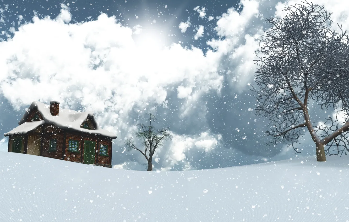 Photo wallpaper winter, the sky, the sun, clouds, snow, trees, landscape, snowflakes