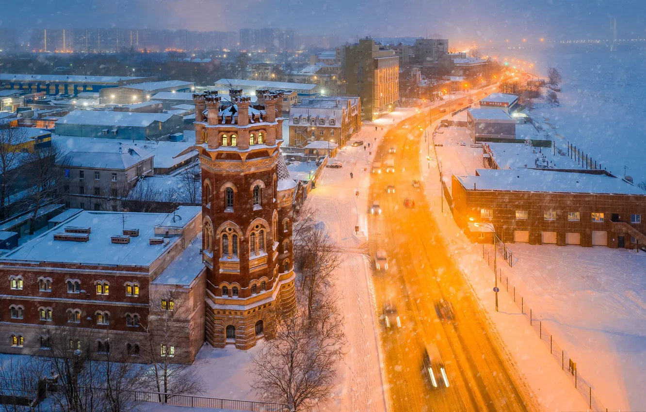 Photo wallpaper winter, road, snow, the city, building, home, the evening, Peter
