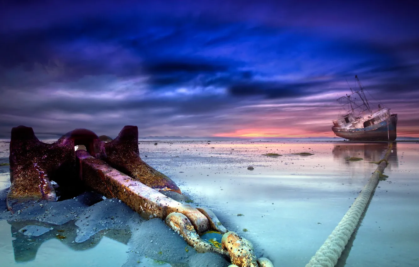 Photo wallpaper sea, landscape, sunset, ship, Akari