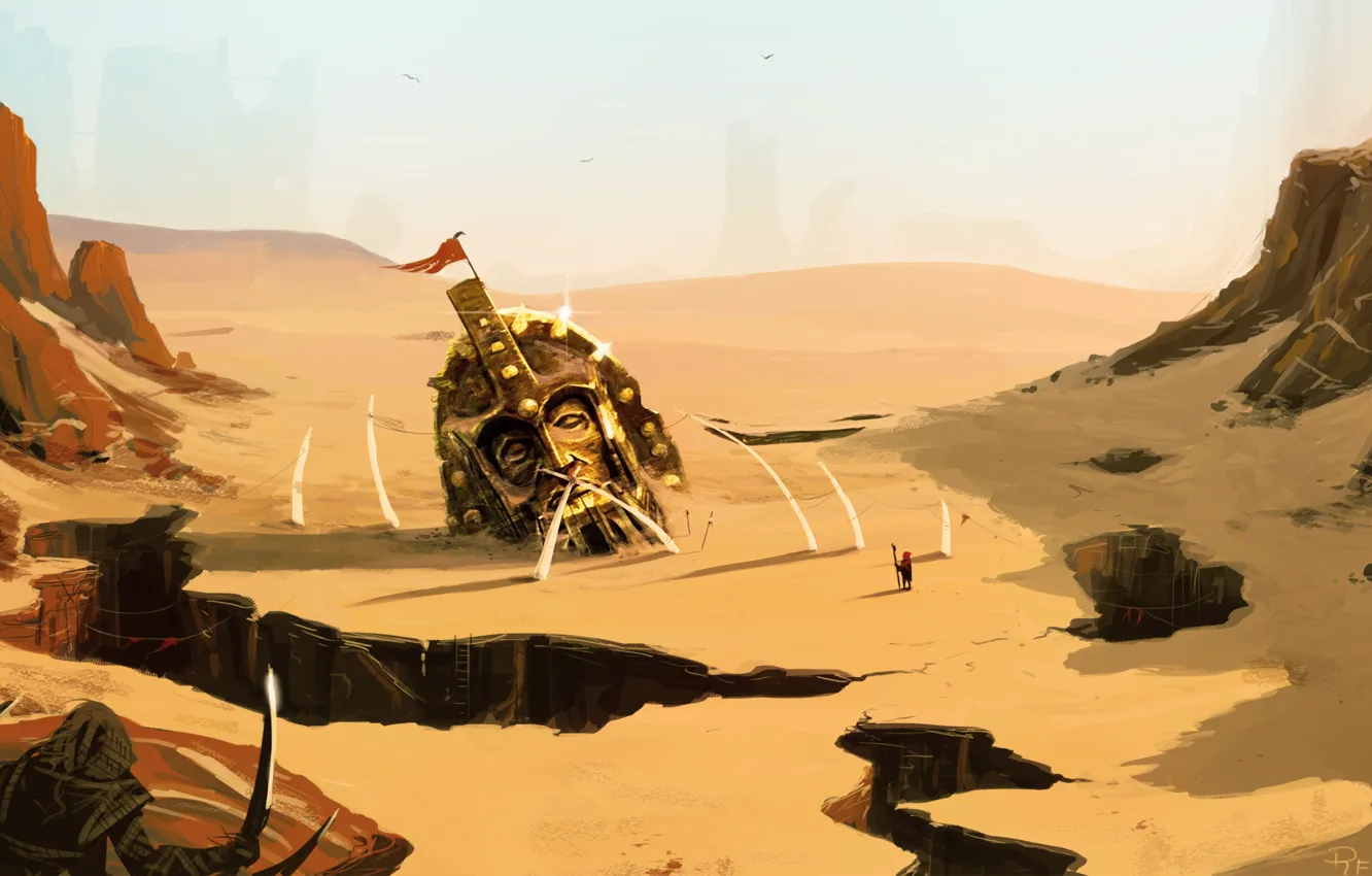 Photo wallpaper sand, landscape, weapons, fiction, rocks, war, desert, people