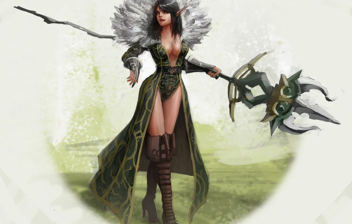 Photo wallpaper girl, weapons, figure, art, white background, staff