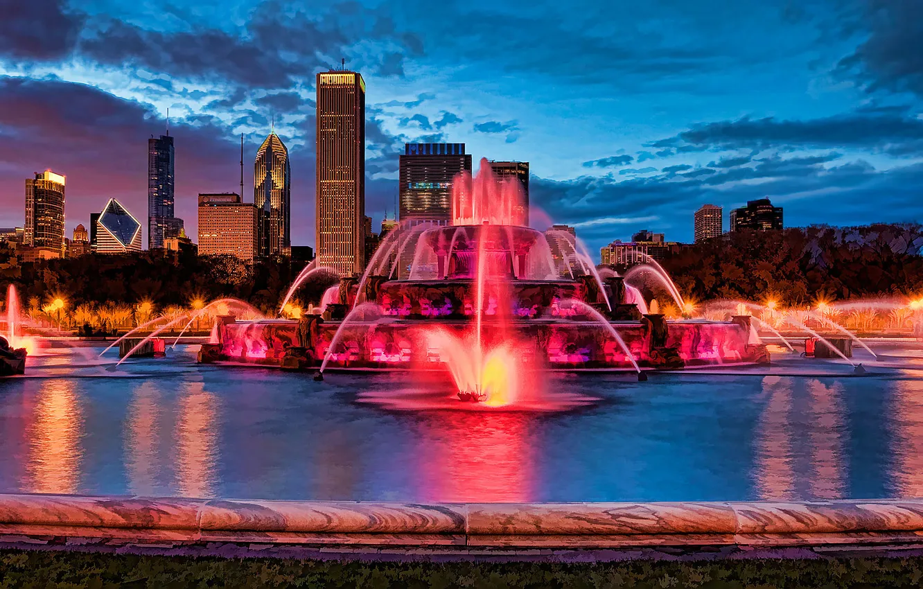 Photo wallpaper night, lights, skyscraper, home, the evening, fountain, Chicago, USA