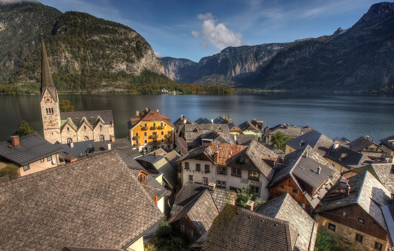 Photo wallpaper roof, lake, hills, town, chapel, Austria, Hallstatt