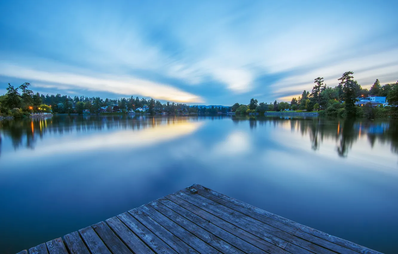 Photo wallpaper trees, lights, lake, calm, the evening, the village